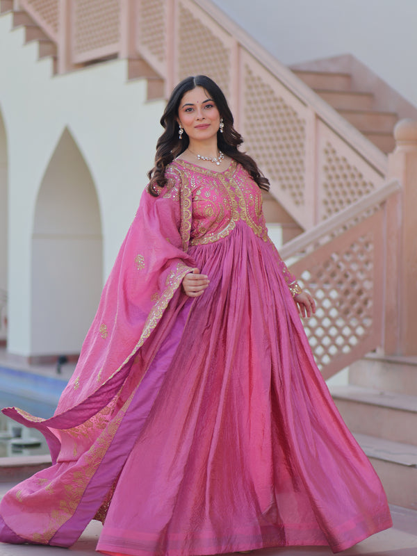Gold-Crush Sequins Embroidered Gown with Dupatta