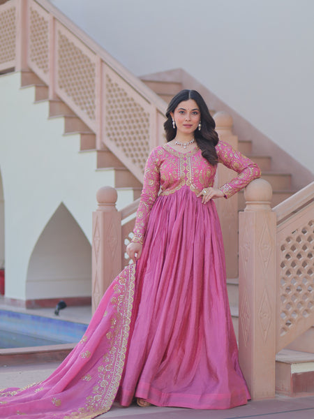 Gold-Crush Sequins Embroidered Gown with Dupatta