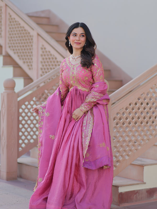 Gold-Crush Sequins Embroidered Gown with Dupatta
