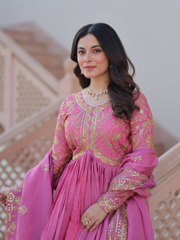 Gold-Crush Sequins Embroidered Gown with Dupatta
