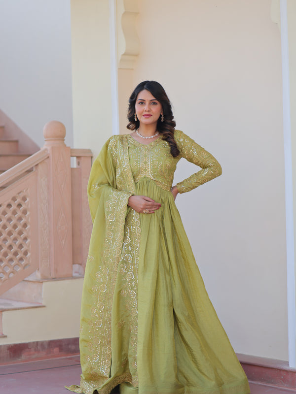 Gold-Crush Sequins Embroidered Gown with Dupatta