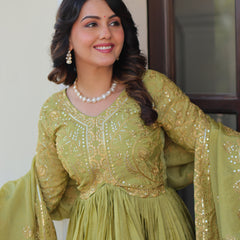 Gold-Crush Sequins Embroidered Gown with Dupatta