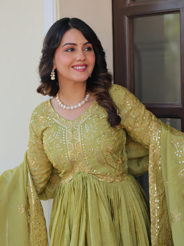 Gold-Crush Sequins Embroidered Gown with Dupatta