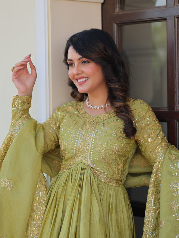 Gold-Crush Sequins Embroidered Gown with Dupatta