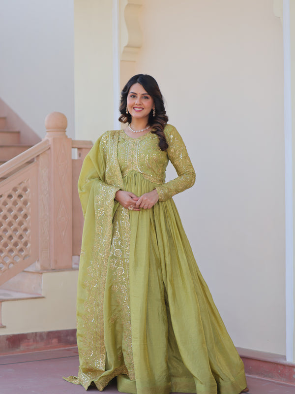 Gold-Crush Sequins Embroidered Gown with Dupatta