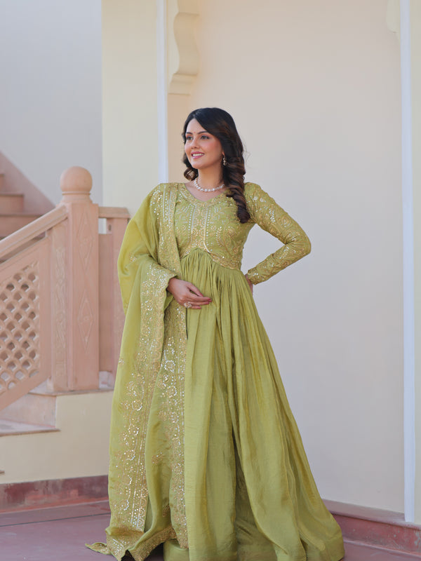 Gold-Crush Sequins Embroidered Gown with Dupatta