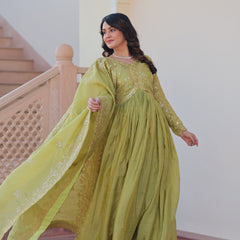 Gold-Crush Sequins Embroidered Gown with Dupatta