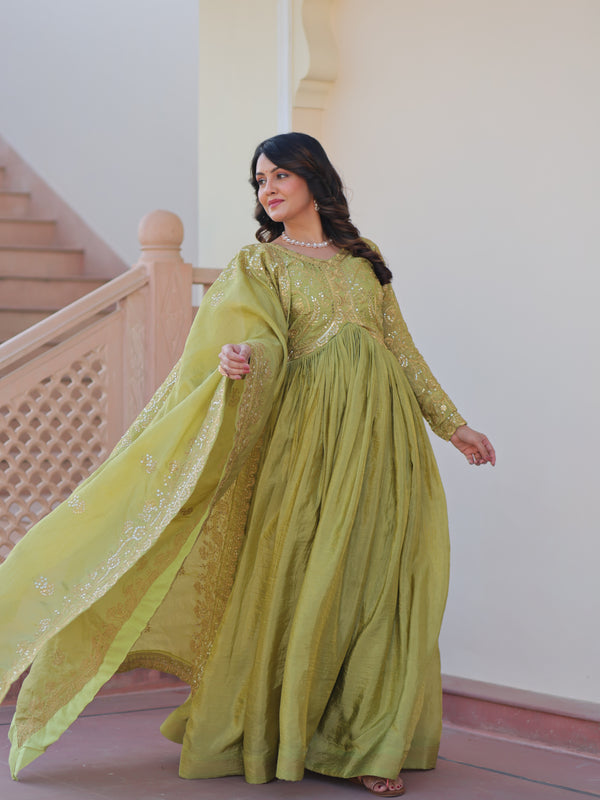 Gold-Crush Sequins Embroidered Gown with Dupatta
