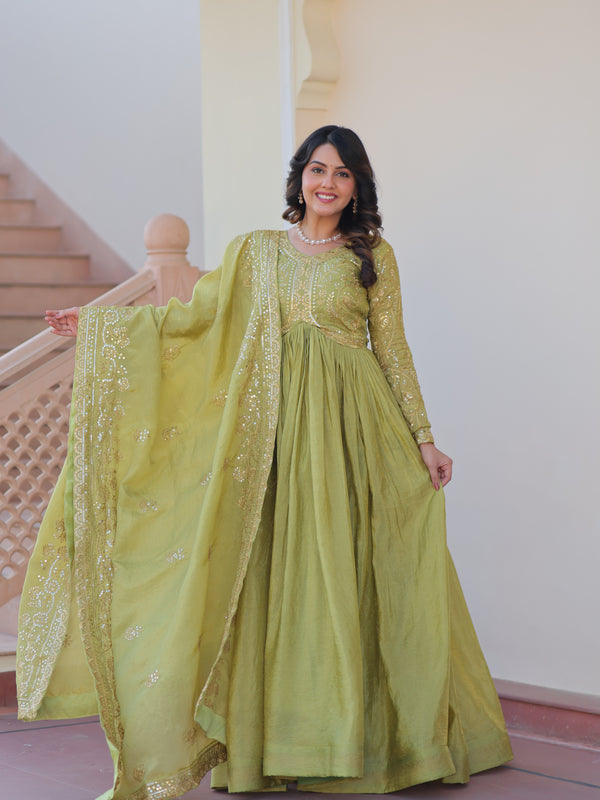 Gold-Crush Sequins Embroidered Gown with Dupatta