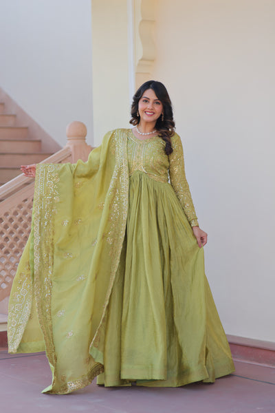Gold-Crush Sequins Embroidered Gown with Dupatta