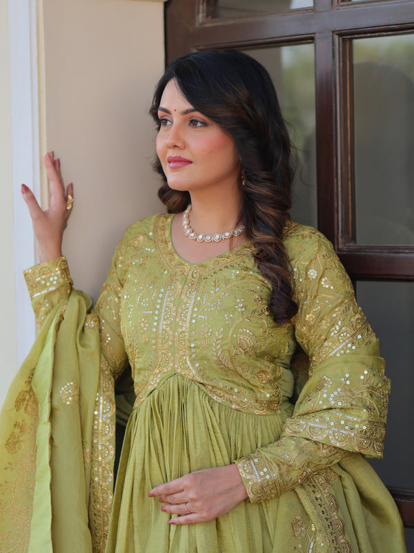 Gold-Crush Sequins Embroidered Gown with Dupatta