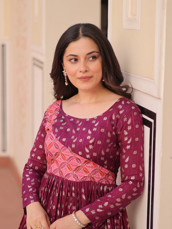 Position Print Choli Jequard Weave Gown