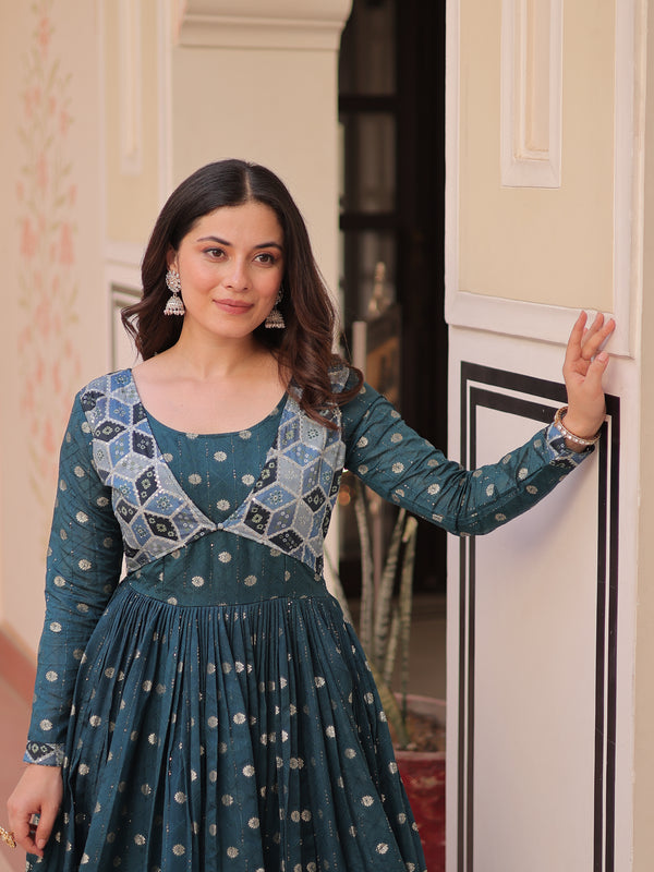 Position Print Choli Jequard Weave Gown