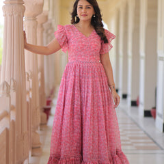 Faux Georgette Floral Print Flared Gown