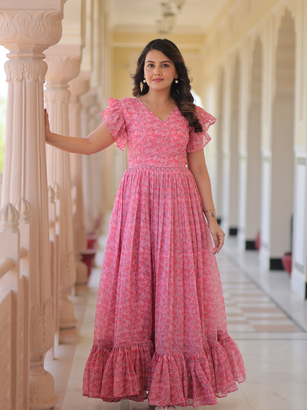 Faux Georgette Floral Print Flared Gown