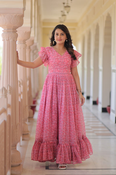 Faux Georgette Floral Print Flared Gown