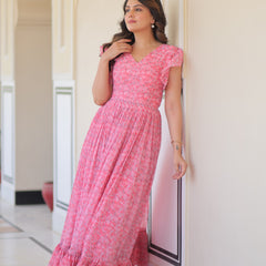 Faux Georgette Floral Print Flared Gown