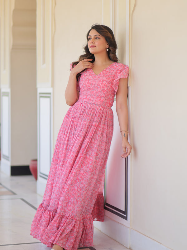 Faux Georgette Floral Print Flared Gown