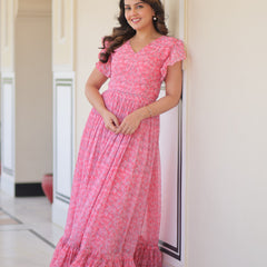 Faux Georgette Floral Print Flared Gown