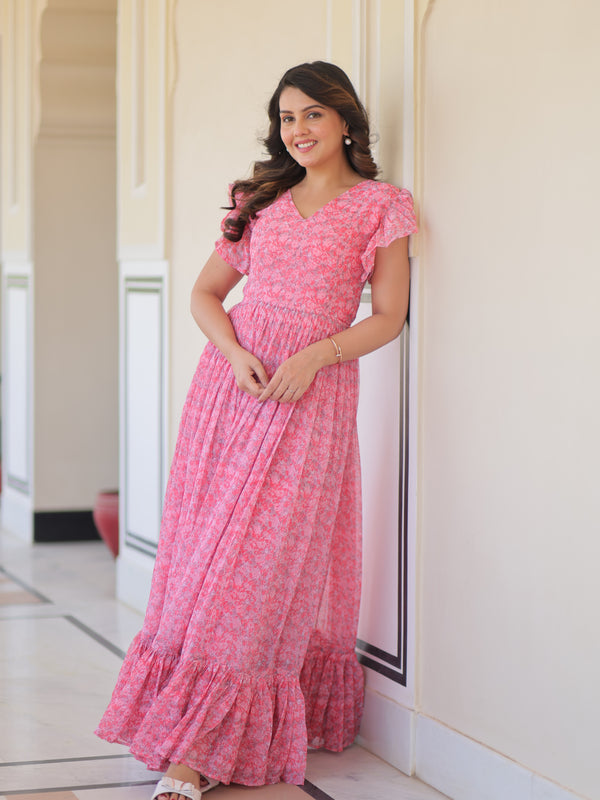 Faux Georgette Floral Print Flared Gown