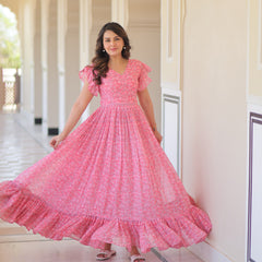 Faux Georgette Floral Print Flared Gown