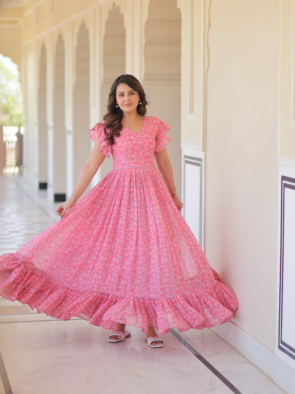 Faux Georgette Floral Print Flared Gown
