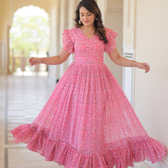 Faux Georgette Floral Print Flared Gown