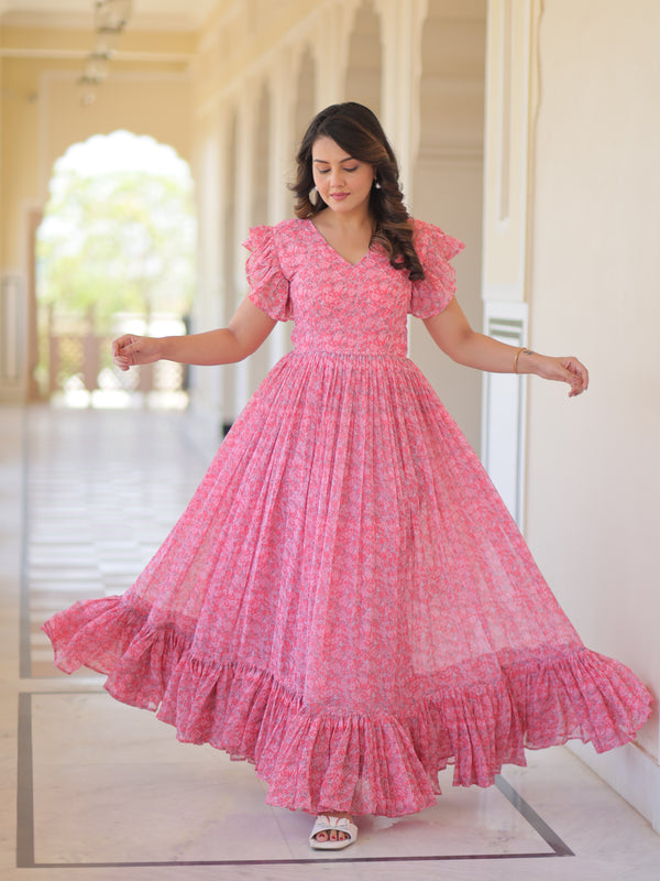 Faux Georgette Floral Print Flared Gown