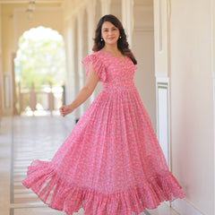 Faux Georgette Floral Print Flared Gown