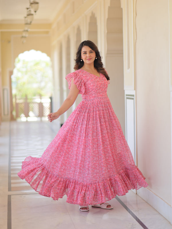 Faux Georgette Floral Print Flared Gown