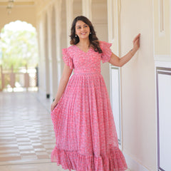 Faux Georgette Floral Print Flared Gown