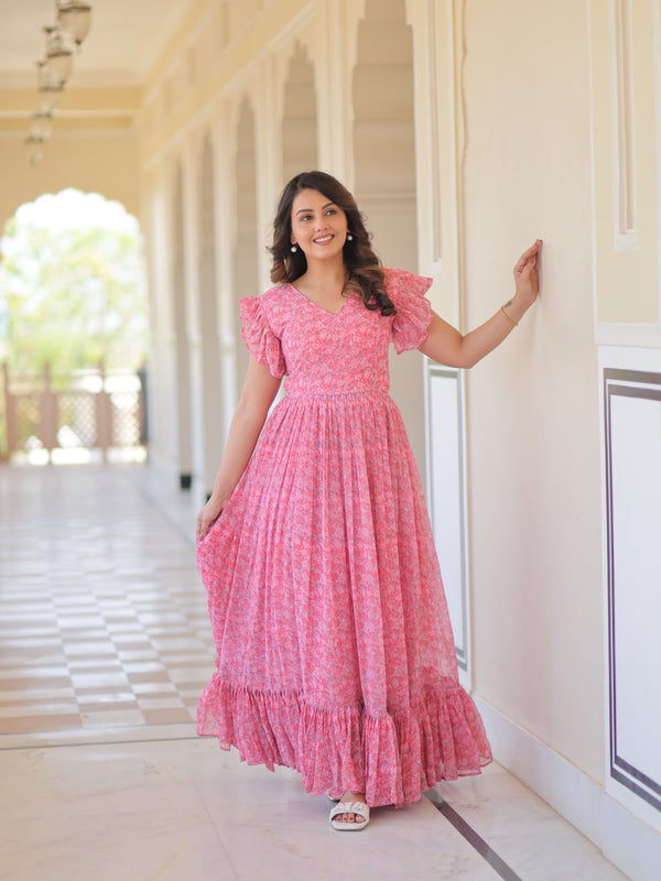 Faux Georgette Floral Print Flared Gown