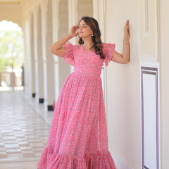 Faux Georgette Floral Print Flared Gown
