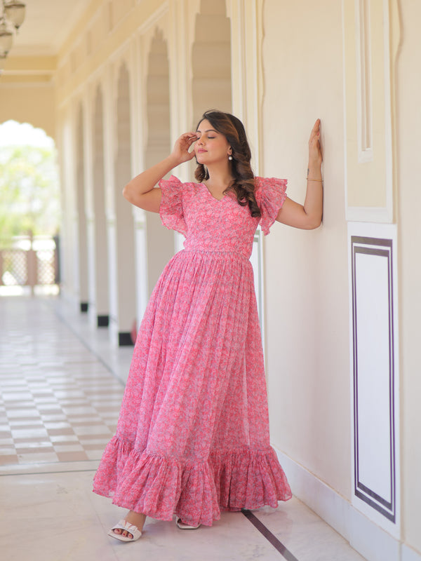 Faux Georgette Floral Print Flared Gown