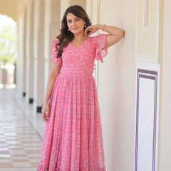 Faux Georgette Floral Print Flared Gown
