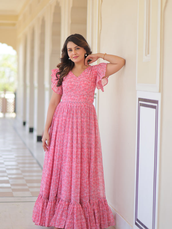 Faux Georgette Floral Print Flared Gown