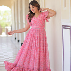 Faux Georgette Floral Print Flared Gown