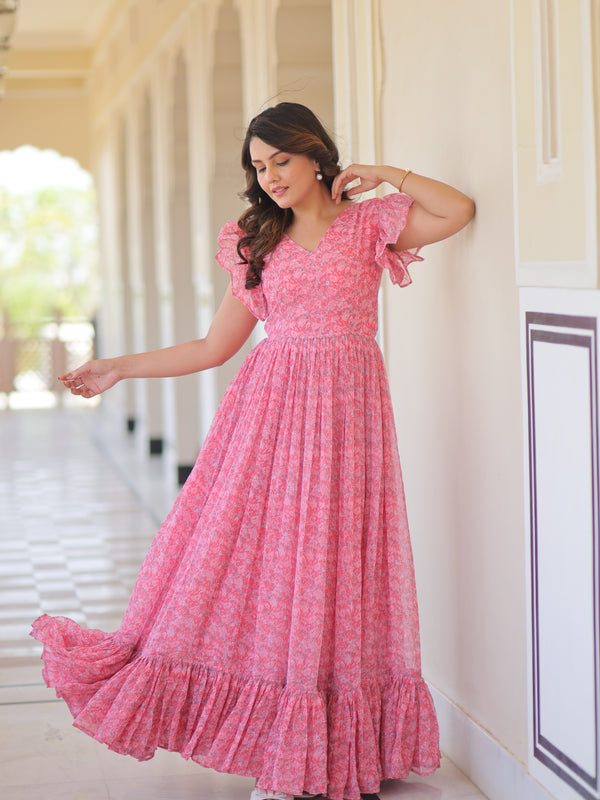 Faux Georgette Floral Print Flared Gown