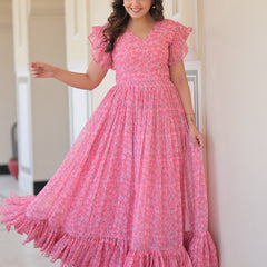 Faux Georgette Floral Print Flared Gown