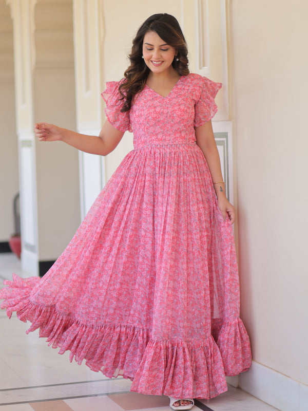 Faux Georgette Floral Print Flared Gown