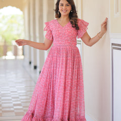 Faux Georgette Floral Print Flared Gown