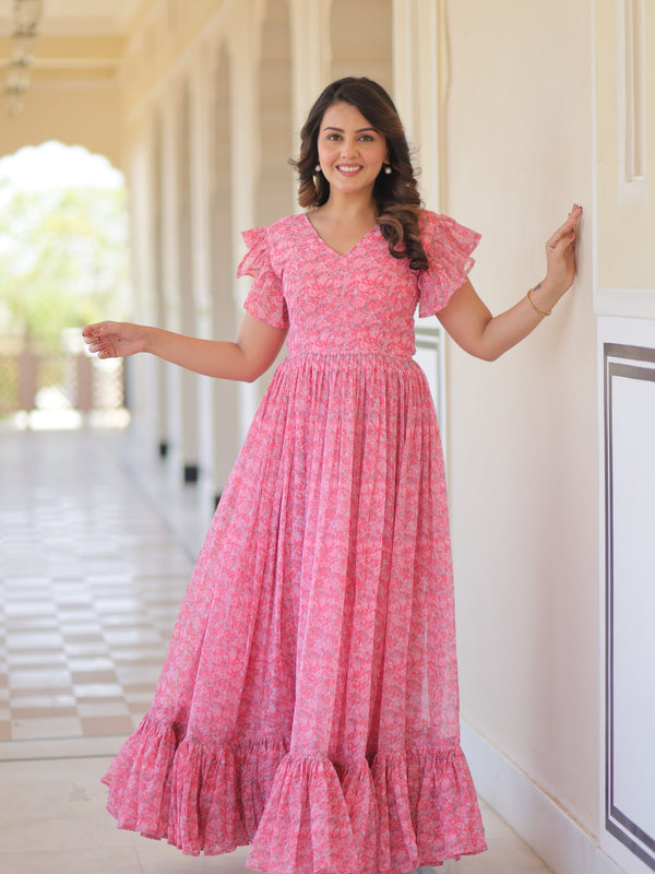 Faux Georgette Floral Print Flared Gown