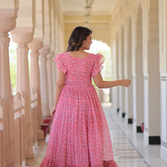 Faux Georgette Floral Print Flared Gown