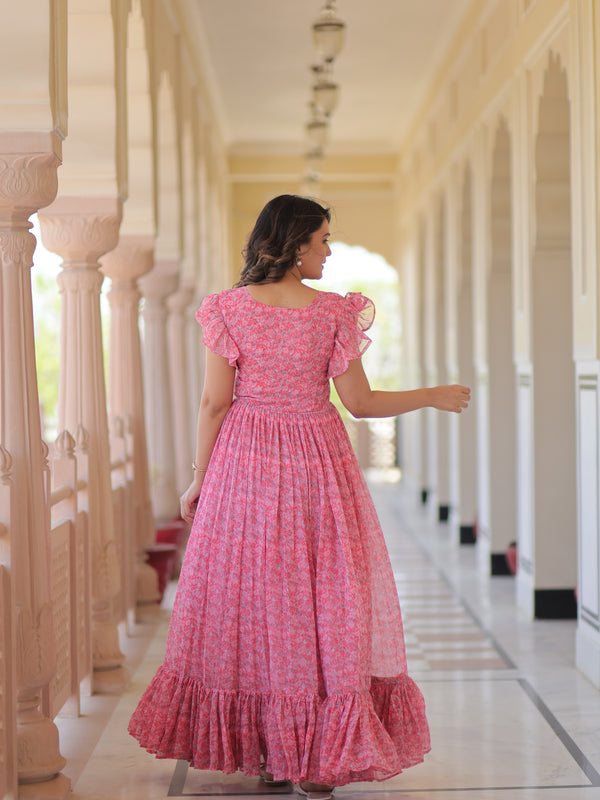 Faux Georgette Floral Print Flared Gown
