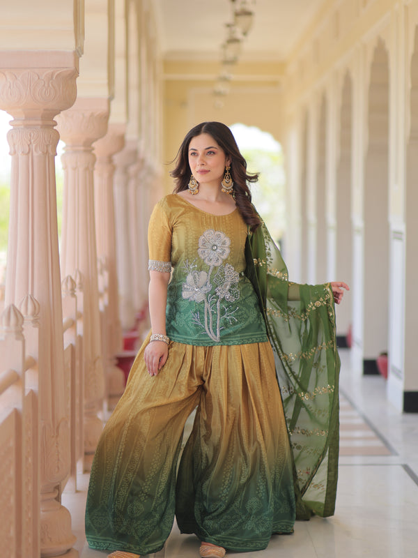 Chinnon Print Beads Embroidered Palazzo Set with Silk Dupatta