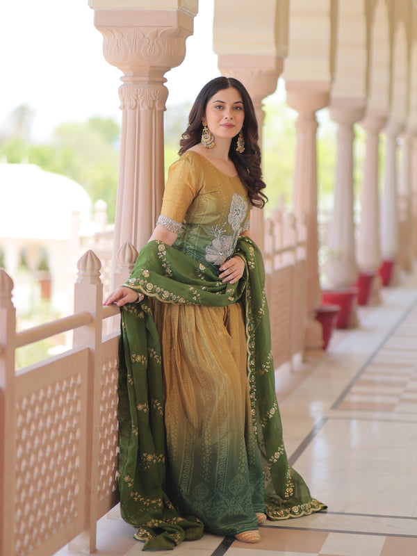 Chinnon Print Beads Embroidered Palazzo Set with Silk Dupatta