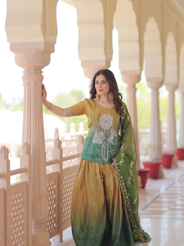Chinnon Print Beads Embroidered Palazzo Set with Silk Dupatta