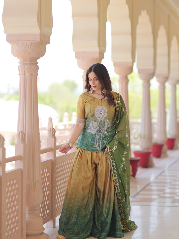 Chinnon Print Beads Embroidered Palazzo Set with Silk Dupatta