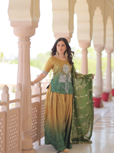 Chinnon Print Beads Embroidered Palazzo Set with Silk Dupatta