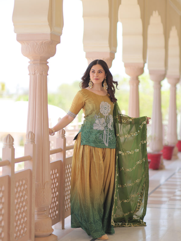 Chinnon Print Beads Embroidered Palazzo Set with Silk Dupatta